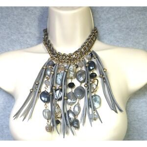 Vtg Erica Lyons Choker Necklace Thick Gold Chain Lg Leather Stone Drops Festival
